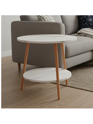 Mesa de Centro Nórdica de Dos Niveles con Efecto Mármol Blanco y Patas de Madera