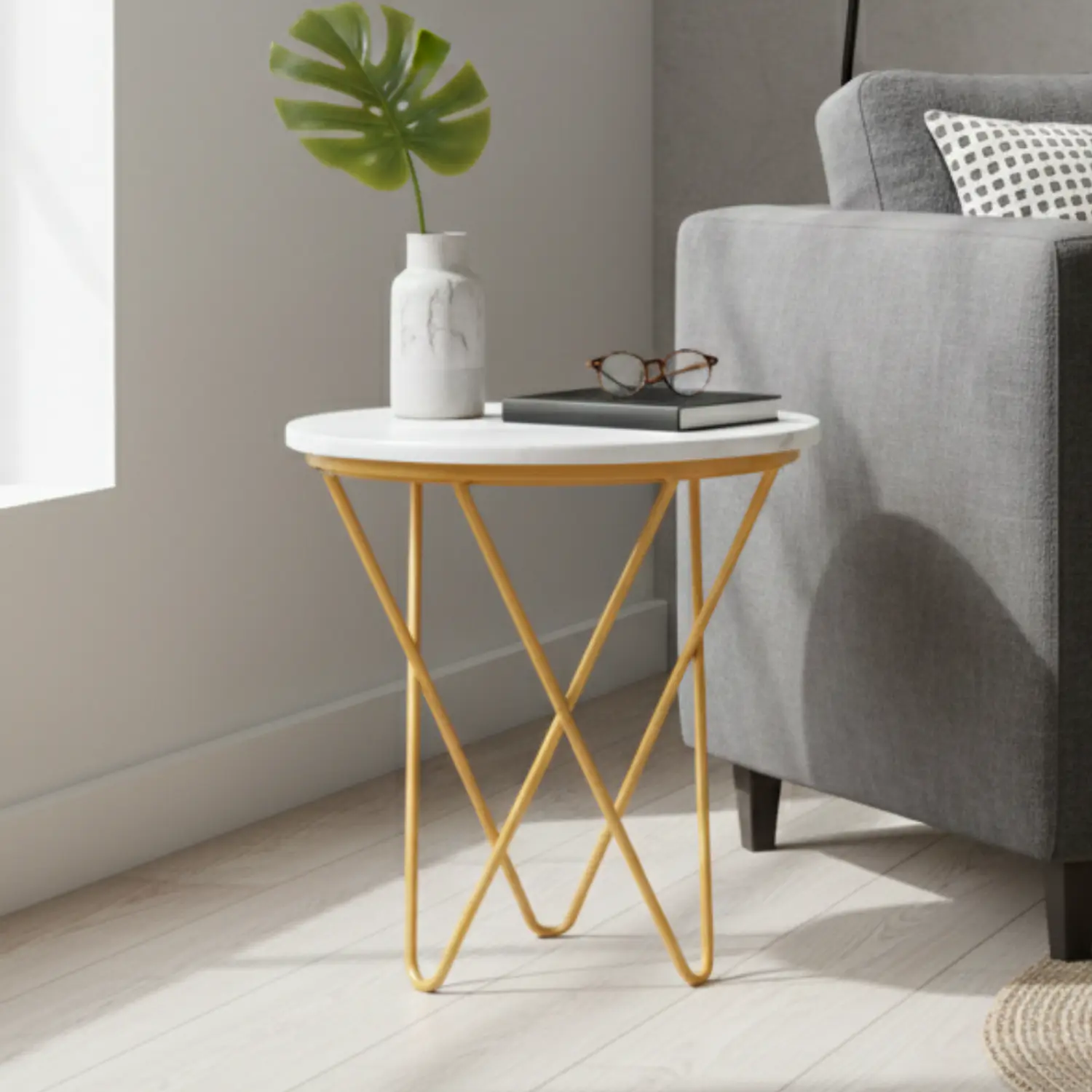 Mesa de Centro Redonda Mármol Blanco con Patas Doradas Nórdica  1