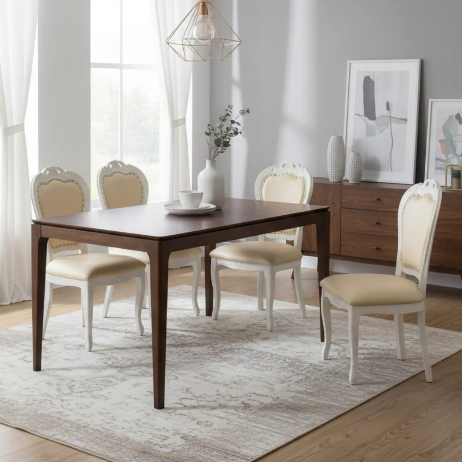 Juego de Comedor con Mesa Rectangular de Madera y 4 Sillas Tallada Blanca  1