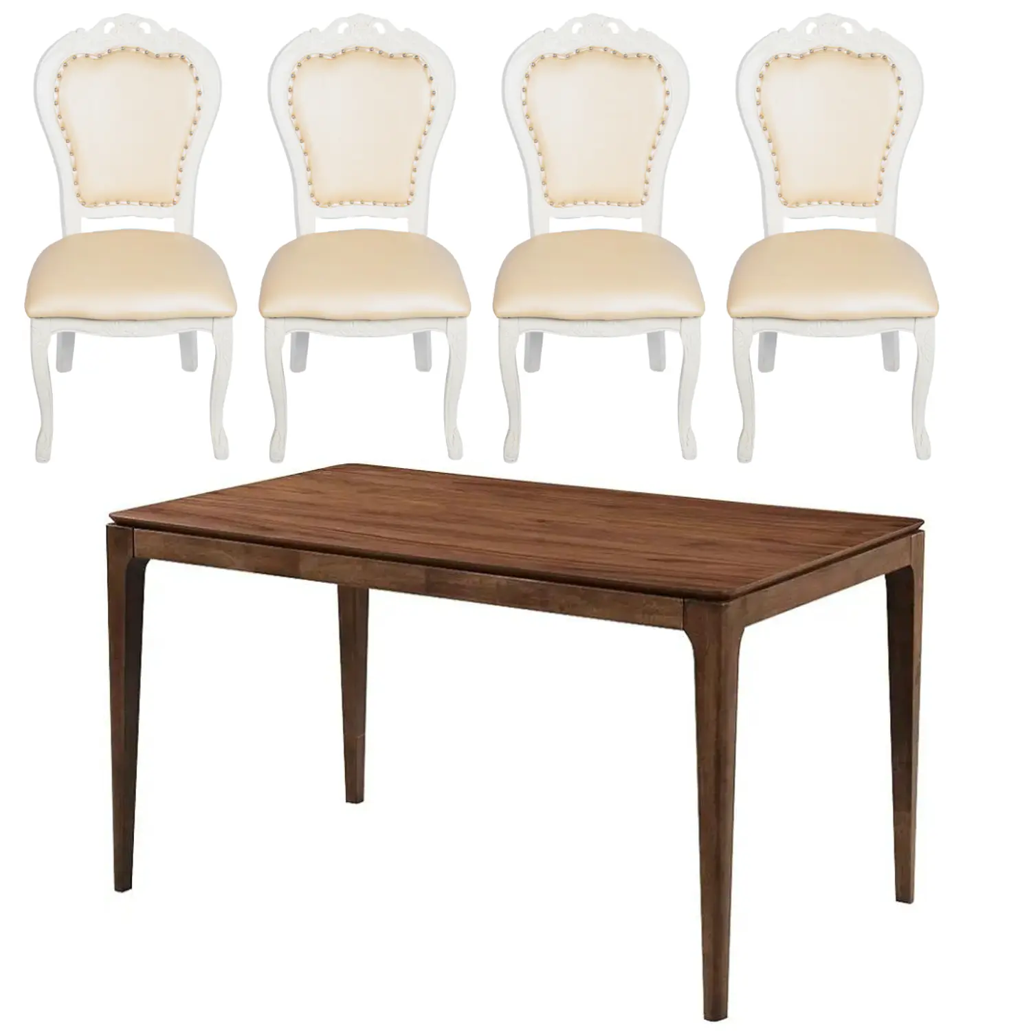 Juego de Comedor con Mesa Rectangular de Madera y 4 Sillas Tallada Blanca  4