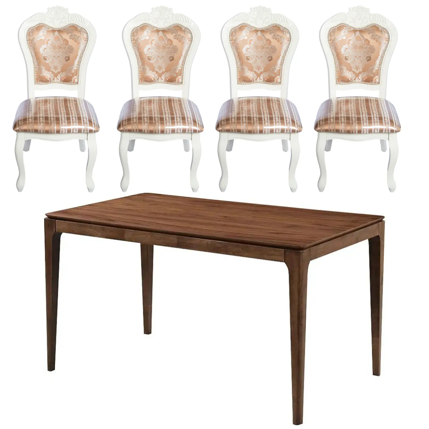 Comedor Clásico 4 Puestos con Mesa Rectangular de Madera y 4 Sillas Tapizadas Talladas 2