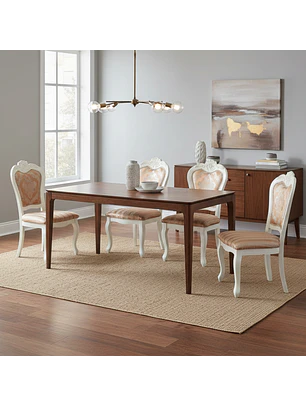 Comedor Clásico 4 Puestos con Mesa Rectangular de Madera y 4 Sillas Tapizadas Talladas