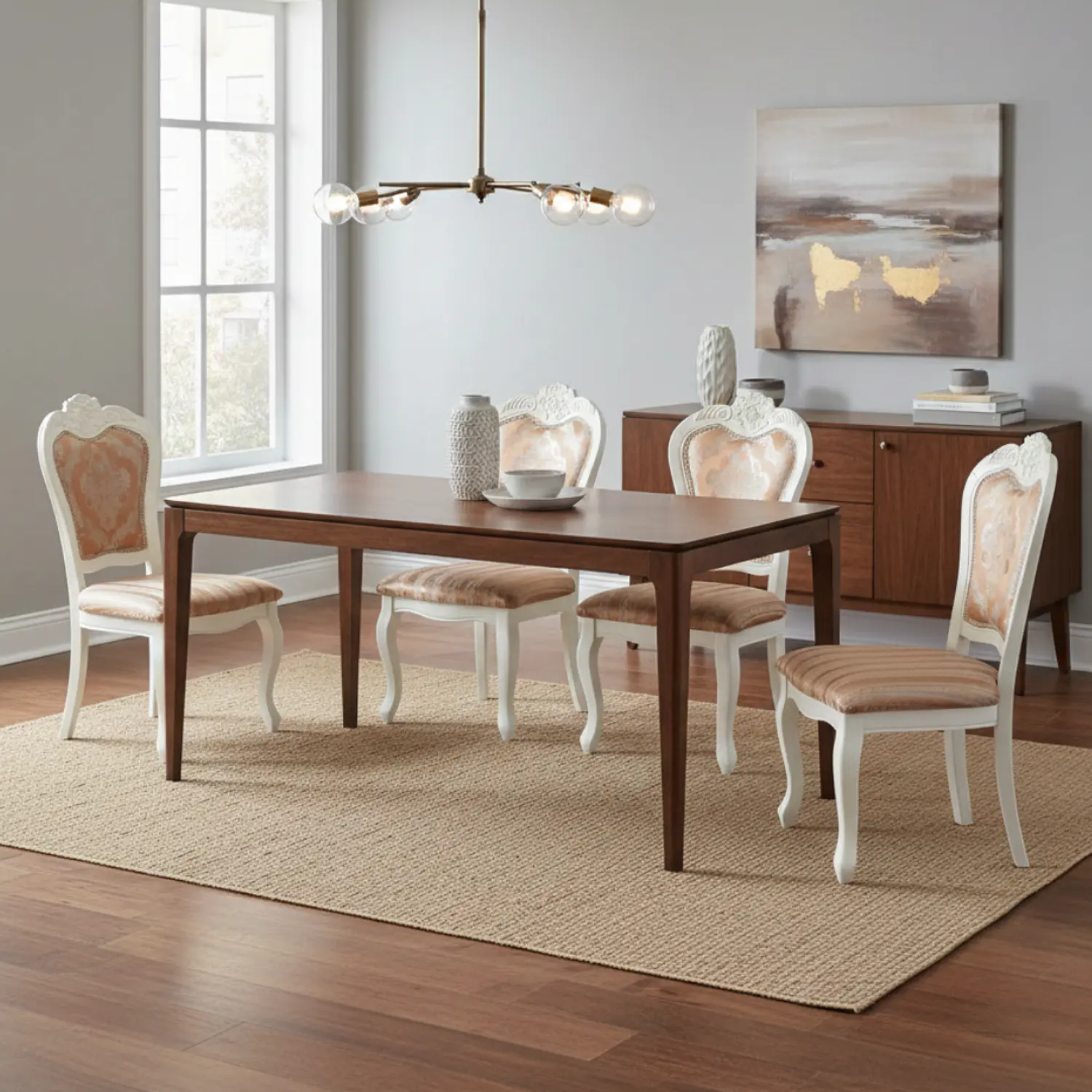 Comedor Clásico 4 Puestos con Mesa Rectangular de Madera y 4 Sillas Tapizadas Talladas 1