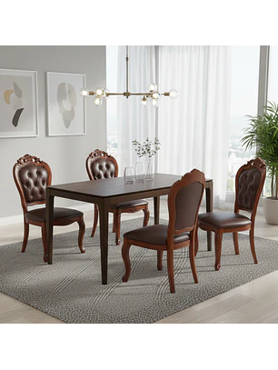 Comedor con Mesa Clásica Rectangular de Madera y 4 Sillas Tapizadas