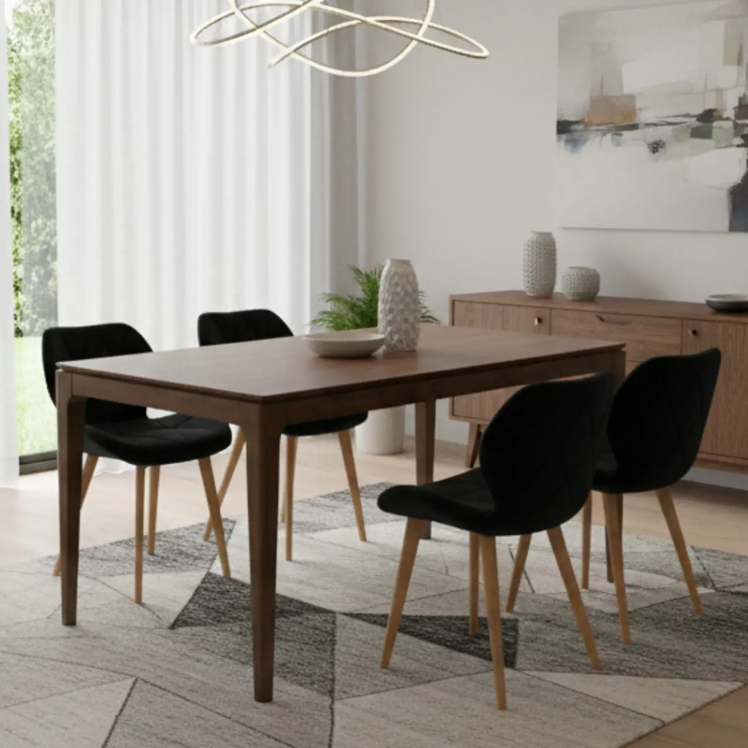 Comedor Rectangular Clásico de Madera y 4 Sillas Mariposa Negras 1