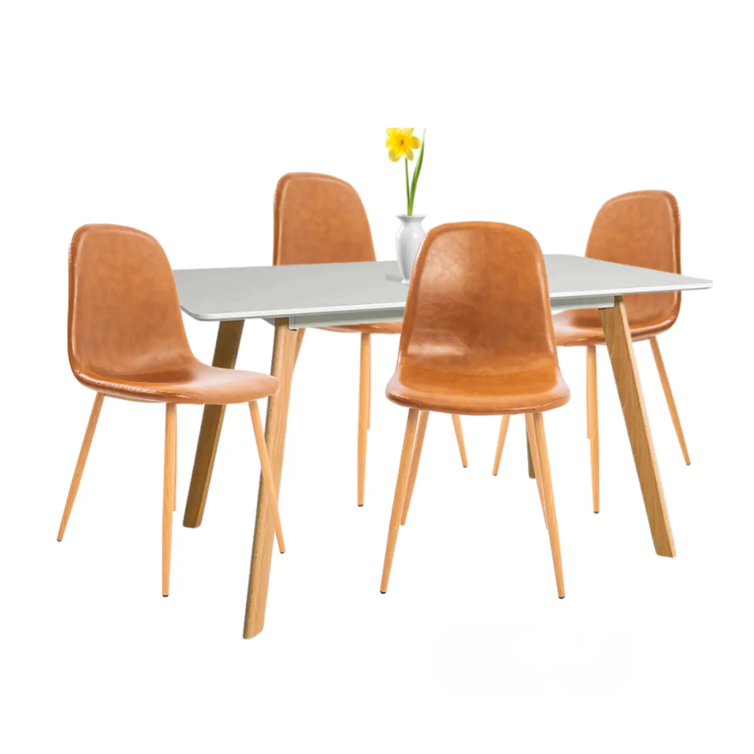 Comedor Rectangular Blanco Patas de Madera con 4 Sillas EcoCuero  3