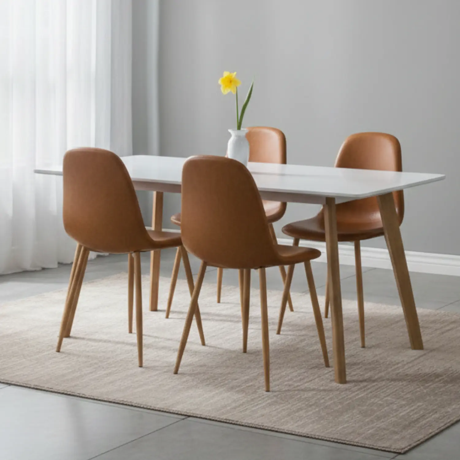 Comedor Rectangular Blanco Patas de Madera con 4 Sillas EcoCuero  2
