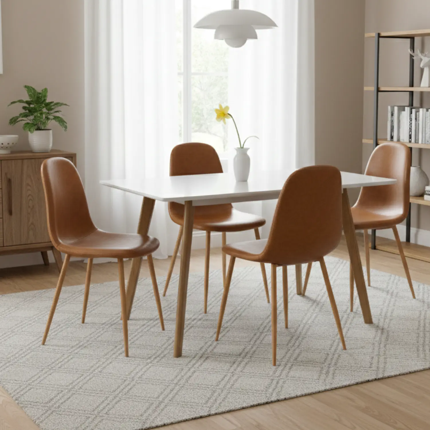 Comedor Rectangular Blanco Patas de Madera con 4 Sillas EcoCuero  1