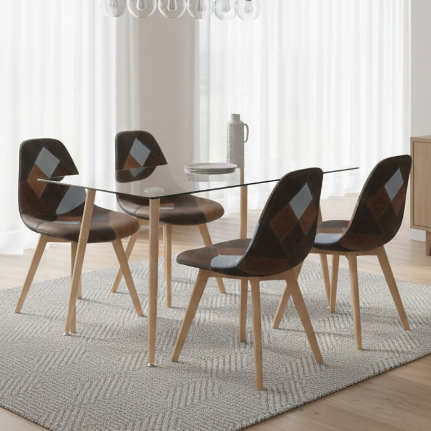 Comedor Moderno Vidrio con 4 Sillas Patchwork Davinci 3