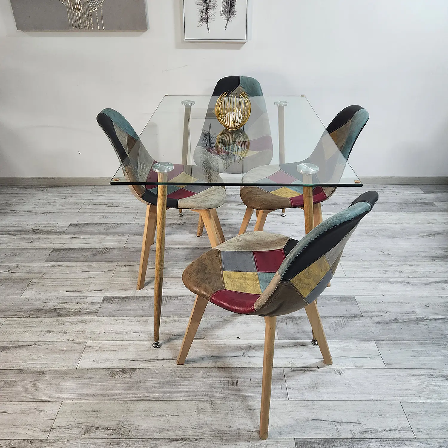 Comedor Moderno Vidrio con 4 Sillas Patchwork Davinci 6