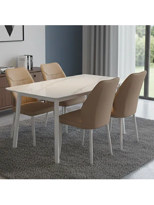 Juego de Comedor Moderno Blanco con 4 Sillas Tapizadas en EcoCuero Beige