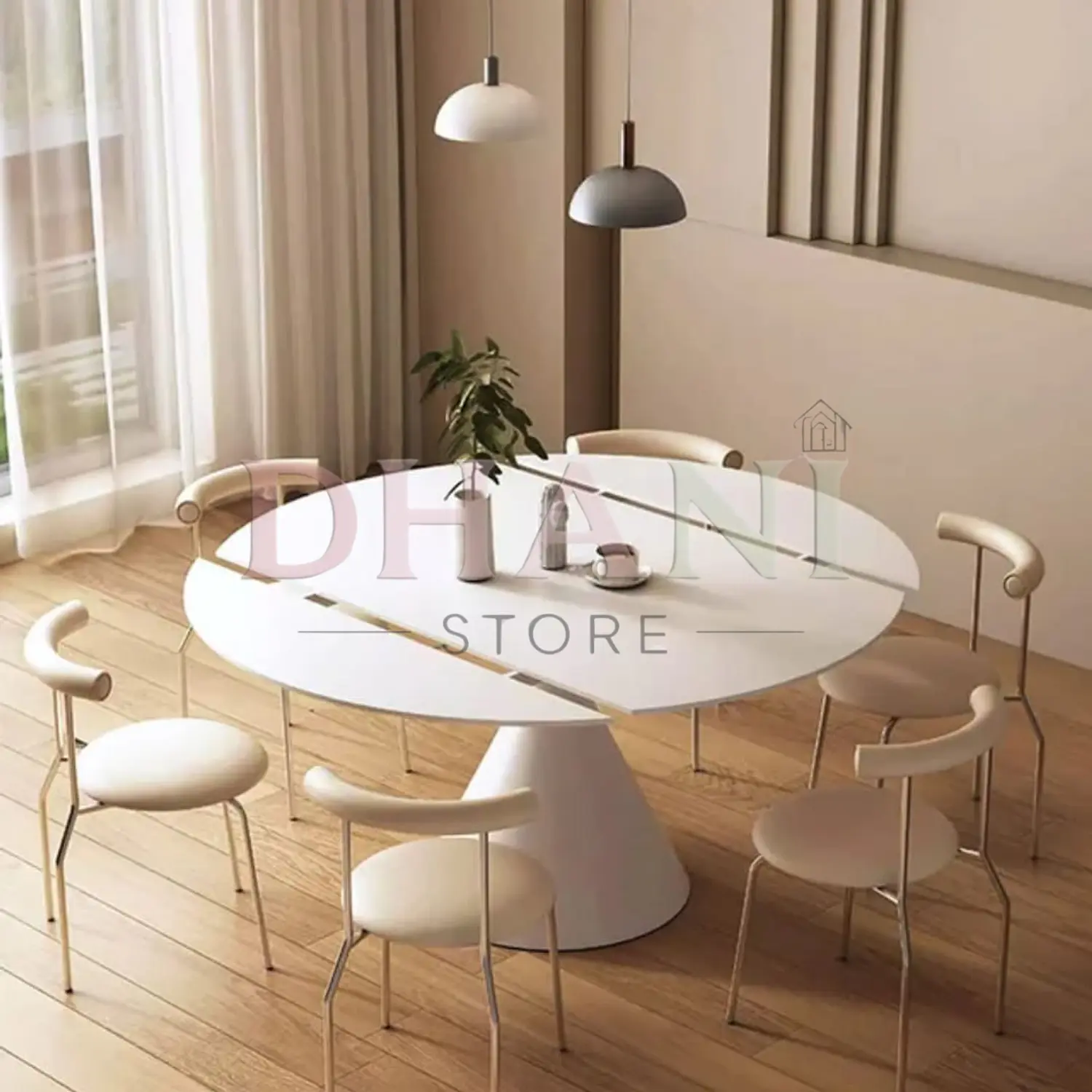 Comedor Blanco Redondo Expandible a Rectangular y 6 Sillas Tapizadas 1