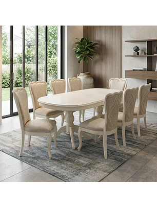 Comedor Blanco Hueso Extensible Retráctil 6 a 8 Sillas Tapizadas Estilo Clásico