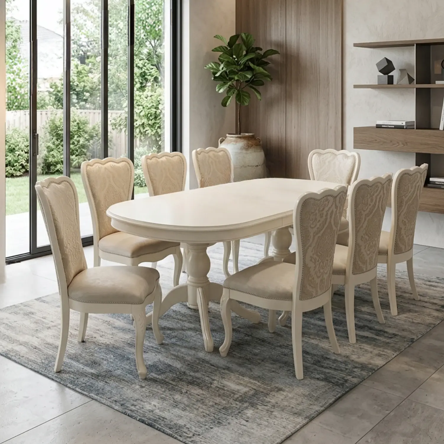Comedor Blanco Hueso Extensible Retráctil 6 a 8 Sillas Tapizadas Estilo Clásico 1