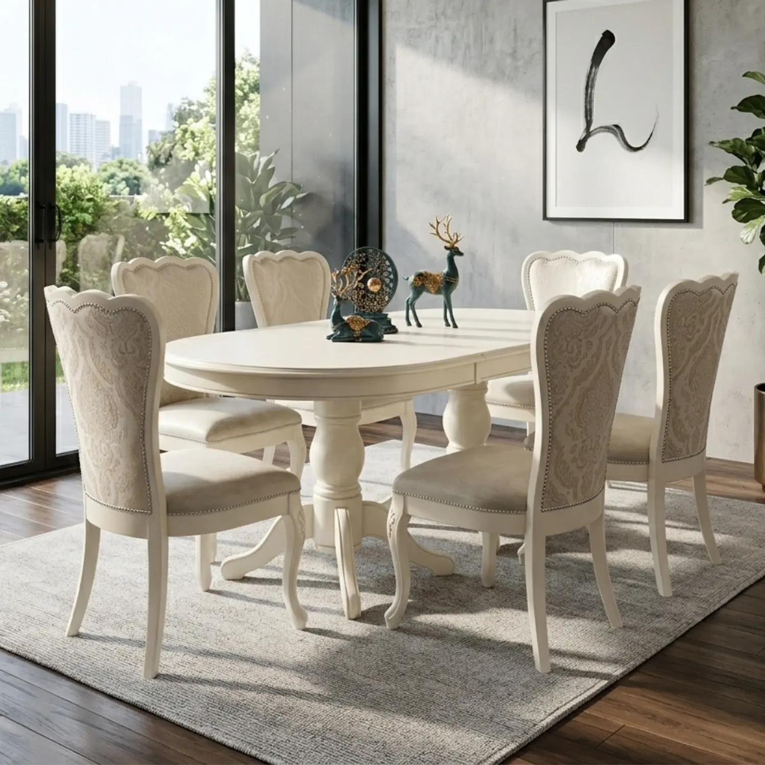 Comedor Blanco Hueso Extensible Retráctil 6 a 8 Sillas Tapizadas Estilo Clásico 2