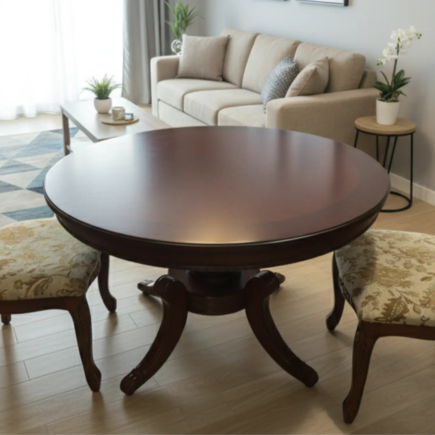 Mesa de Comedor Redonda Clásica de Madera Caoba 1