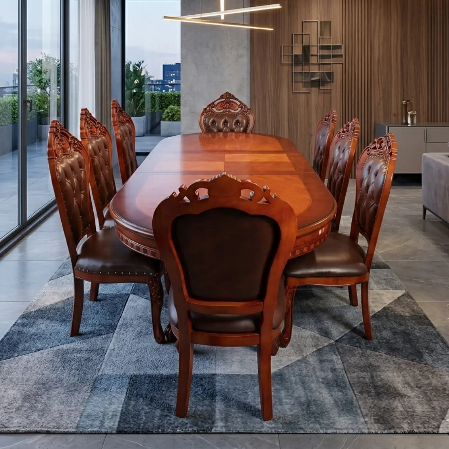 Comedor Clásico Retangular Retráctil de Madera con 8 Sillas 3