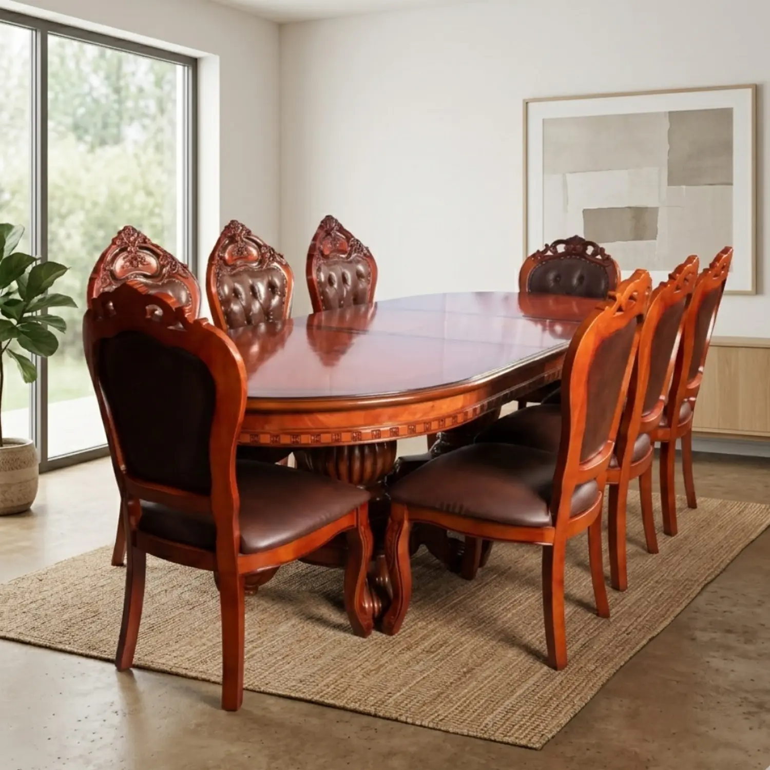 Comedor Clásico Retangular Retráctil de Madera con 8 Sillas 1