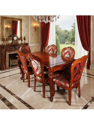 Comedor Clásico de Madera Caoba con 6 Sillas Tapizadas