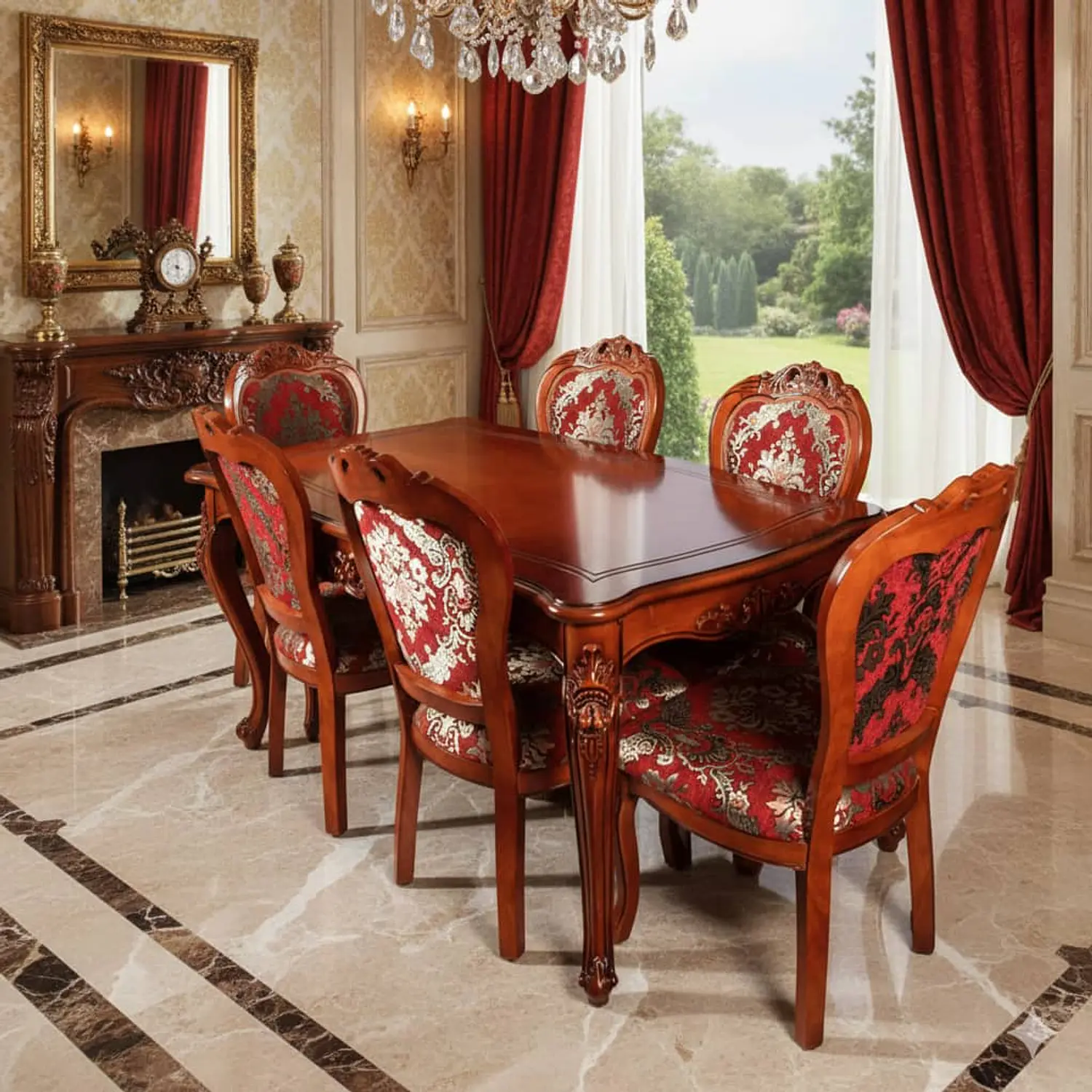 Comedor Clásico de Madera Caoba con 6 Sillas Tapizadas 1