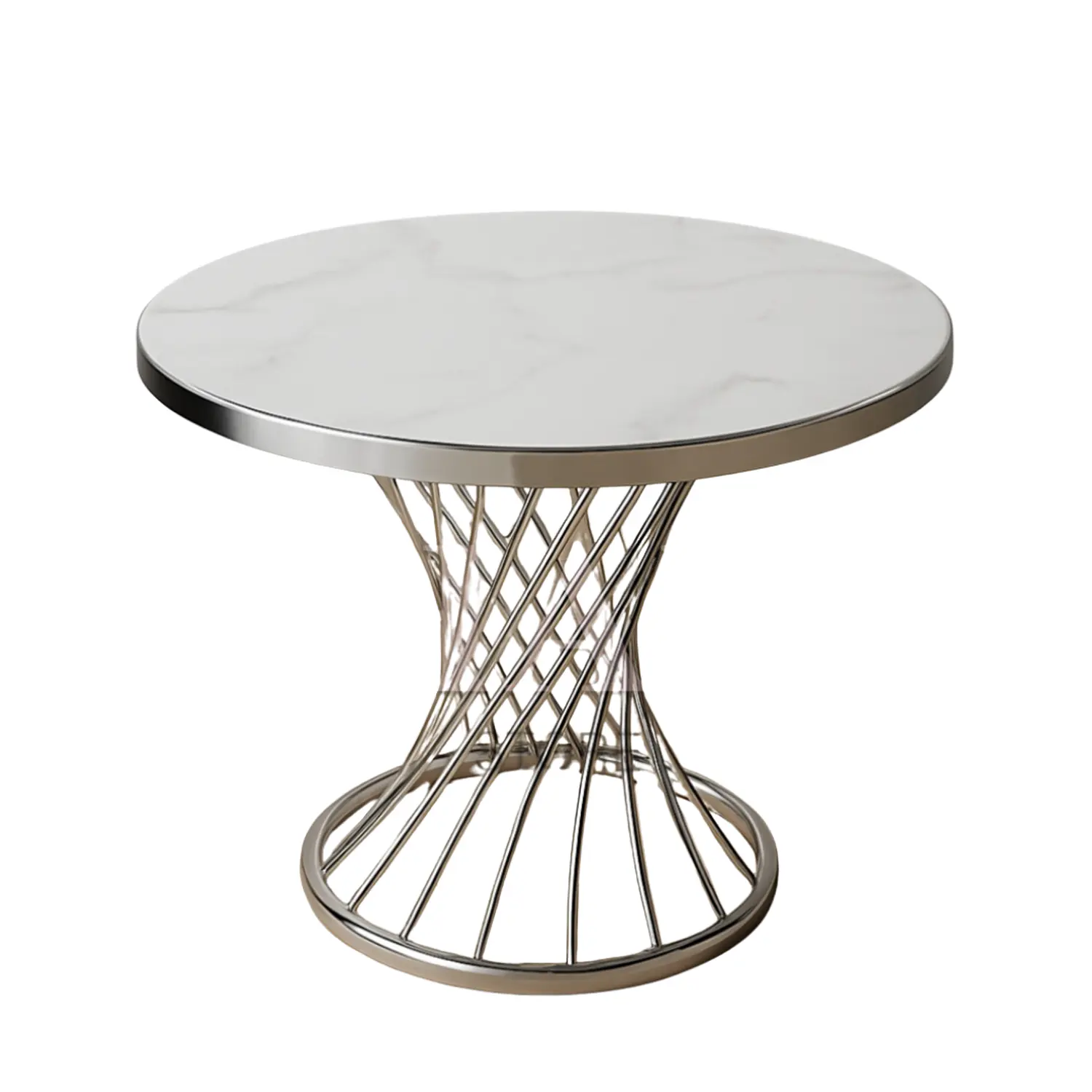 Mesa de Centro Redonda 80 cm Base Plateada con Cubierta Tipo Mármol 2