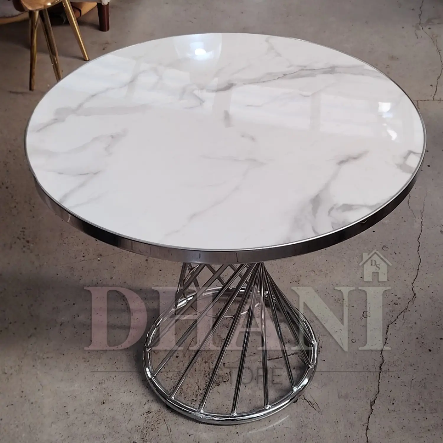 Mesa de Centro Redonda 80 cm Base Plateada con Cubierta Tipo Mármol 4