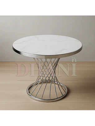 Mesa de Centro Redonda 80 cm Base Plateada con Cubierta con Efecto Mármol