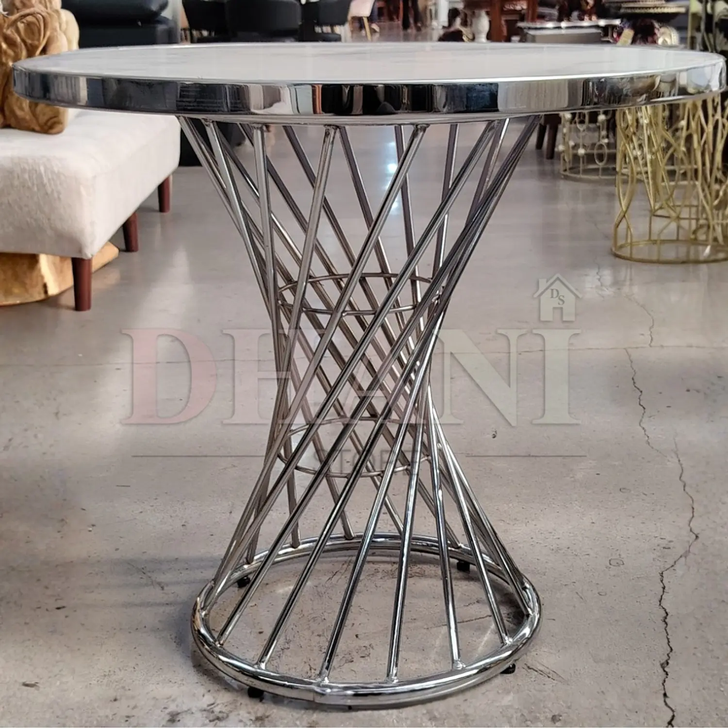 Mesa de Centro Redonda 80 cm Base Plateada con Cubierta Tipo Mármol 5