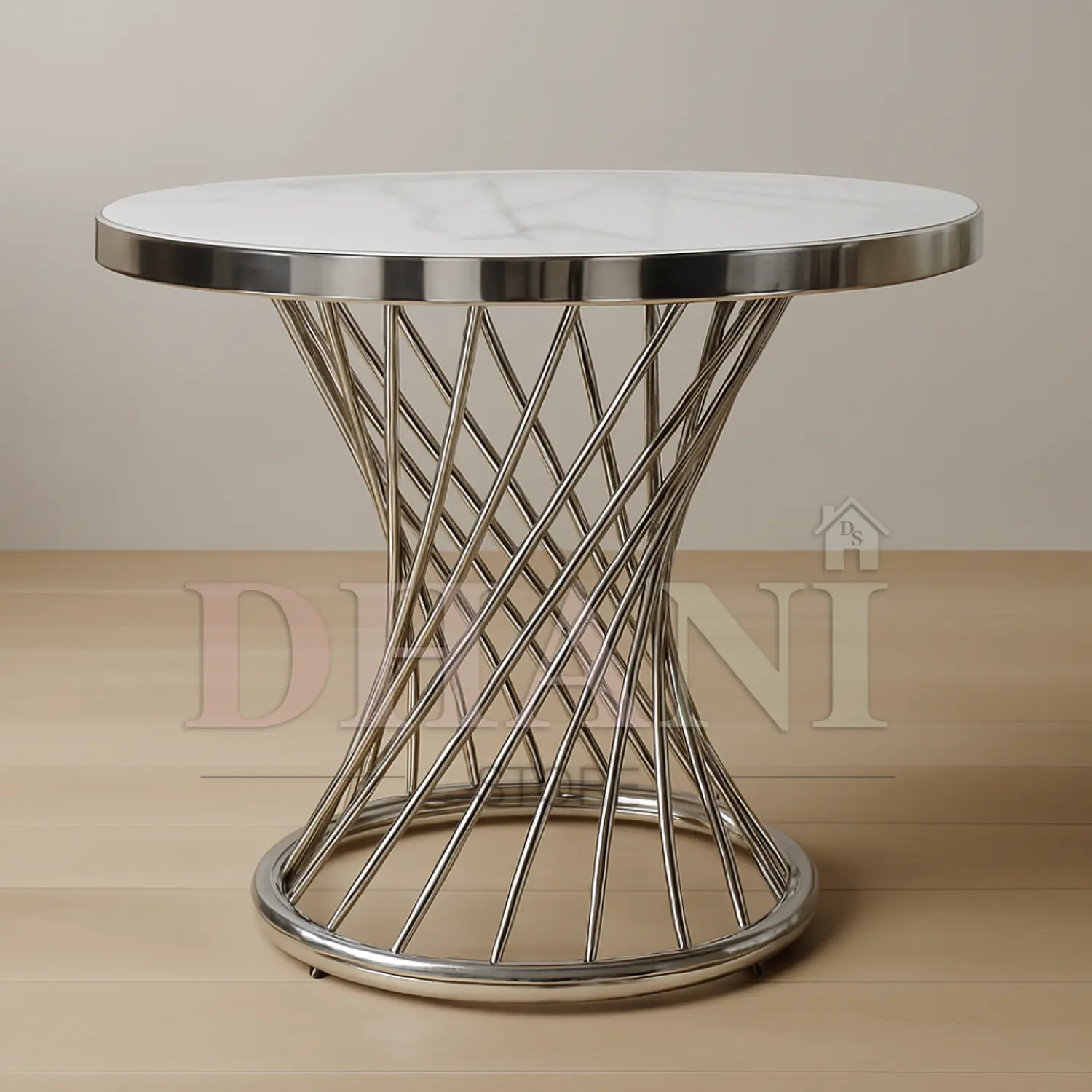 Mesa de Centro Redonda 80 cm Base Plateada con Cubierta Tipo Mármol 6