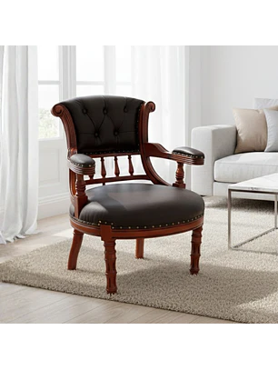 Sitial Clásico Capitoné de Roble Americano con Ecocuero | Silla Vintage Elegante | Grecia