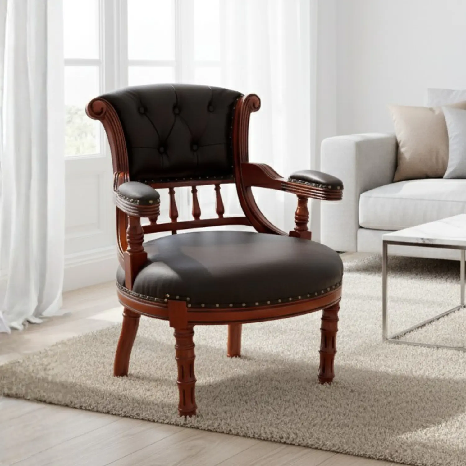 Sitial Clásico Capitoné de Roble Americano con Ecocuero | Silla Vintage Elegante | Grecia 1