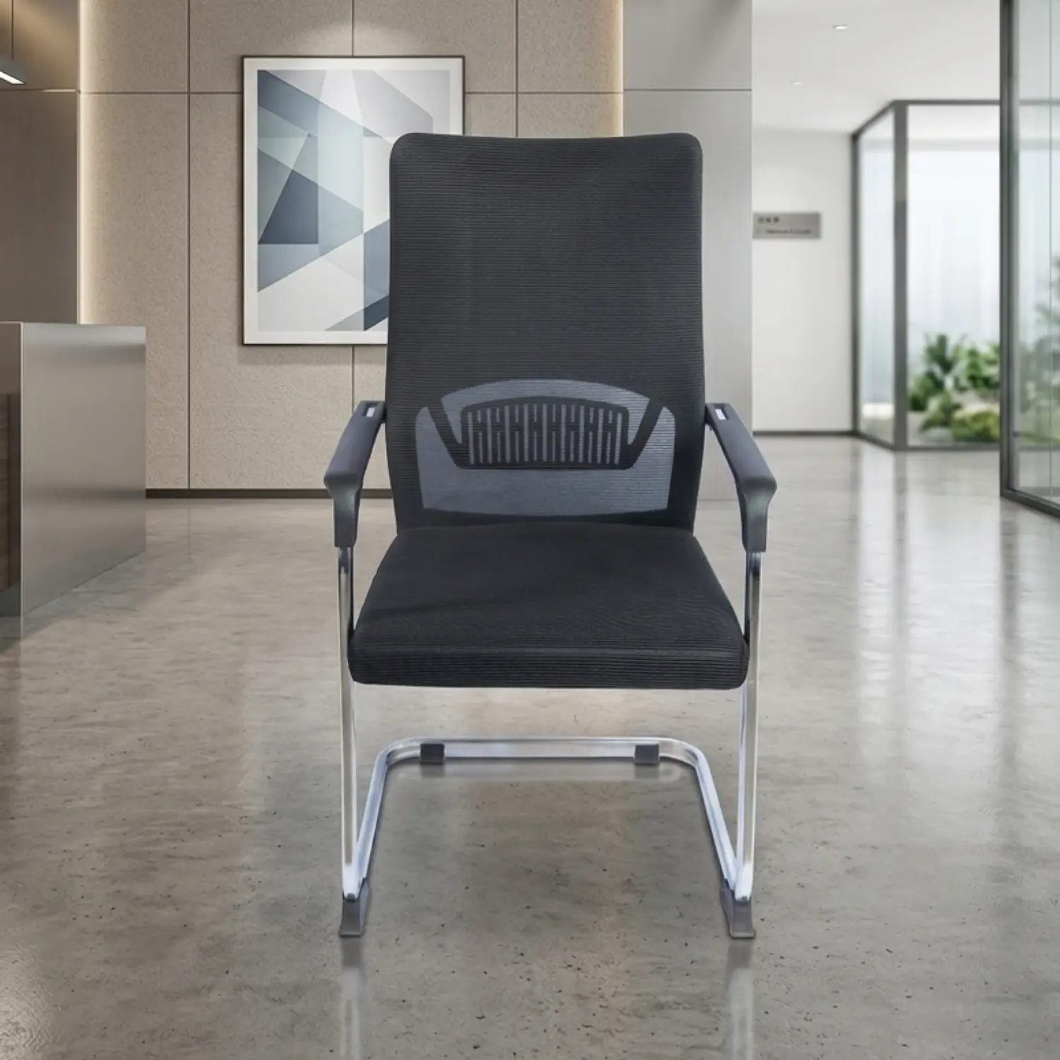 Silla de Visita Oficina Negra de Malla Ergonómica con Brazos y Base Cromada 1