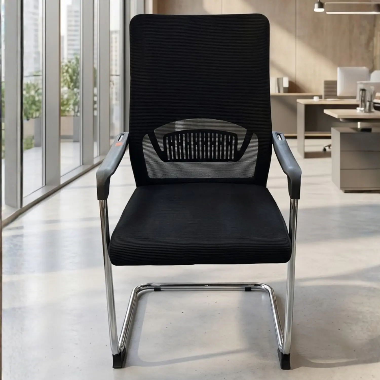 Silla de Visita Oficina Negra de Malla Ergonómica con Brazos y Base Cromada 2