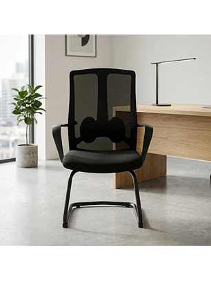 Silla Fija de Visita y Oficina Ergonómica de Malla Negra con Apoyabrazos
