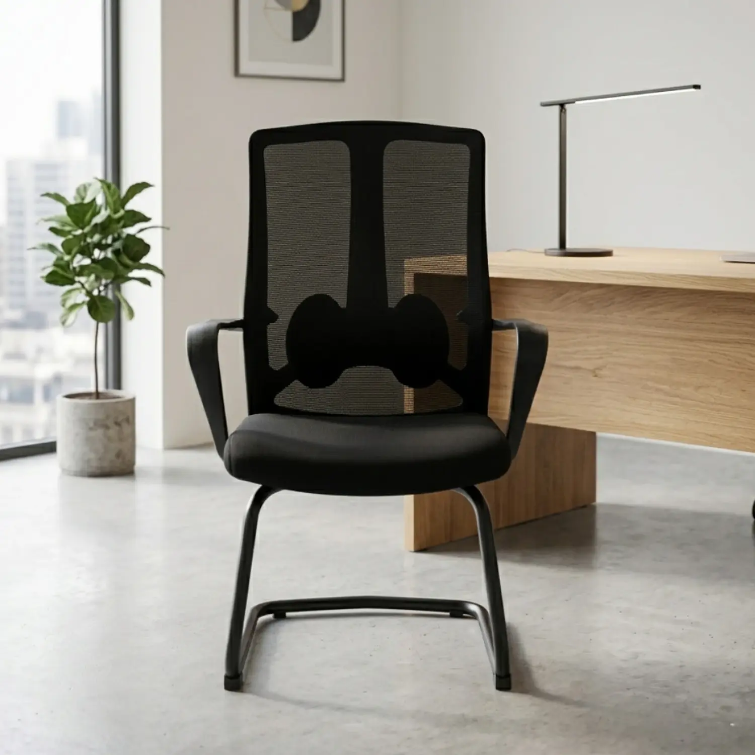 Silla Fija de Visita y Oficina Ergonómica de Malla Negra con Apoyabrazos 1