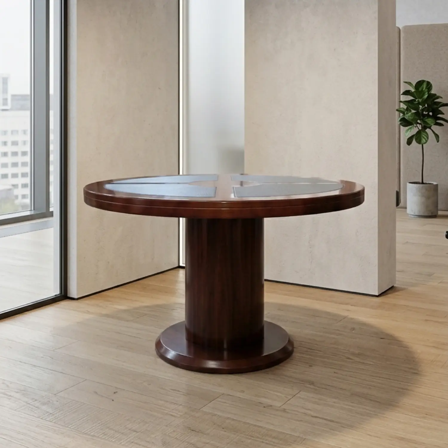 Mesa de Reunión Redonda de Madera con Base Central y Superficie Antideslizante 3