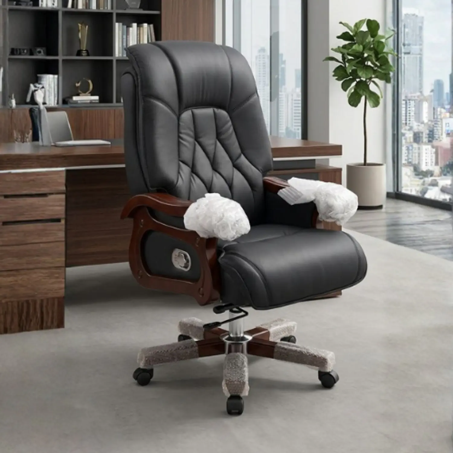 Silla de Escritorio Gerencial en Ecocuero Negro con Brazos de Madera Ergonómica  1