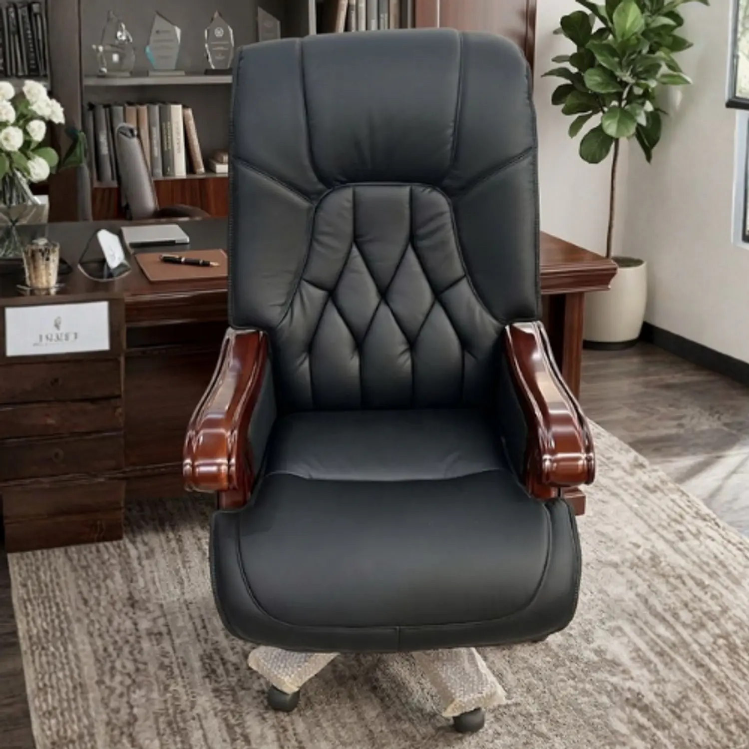 Silla de Escritorio Gerencial en Ecocuero Negro con Brazos de Madera Ergonómica  2