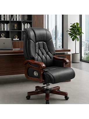 Silla de Escritorio Gerencial de Cuero con Brazos de Madera