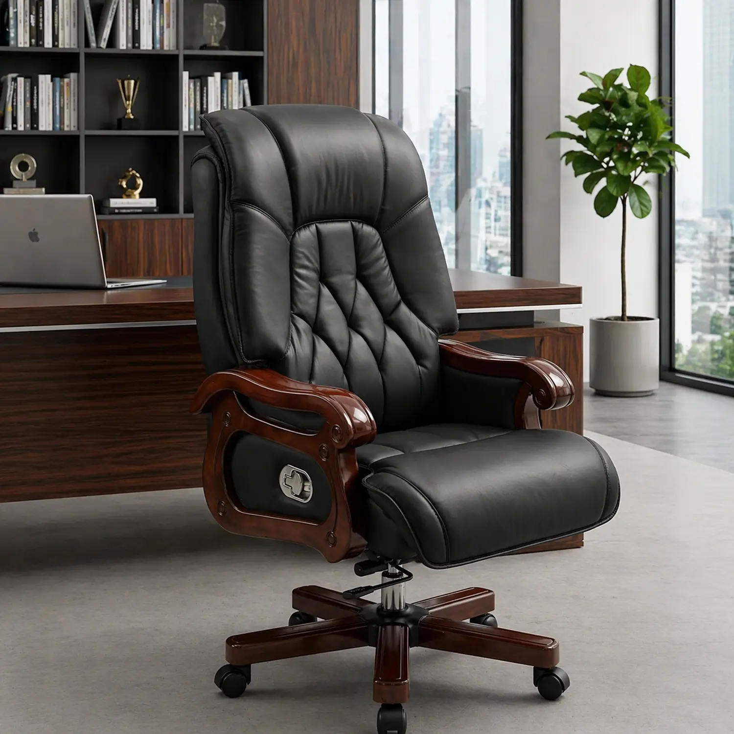 Silla de Escritorio Gerencial de cuero Negro con Brazos de Madera 1