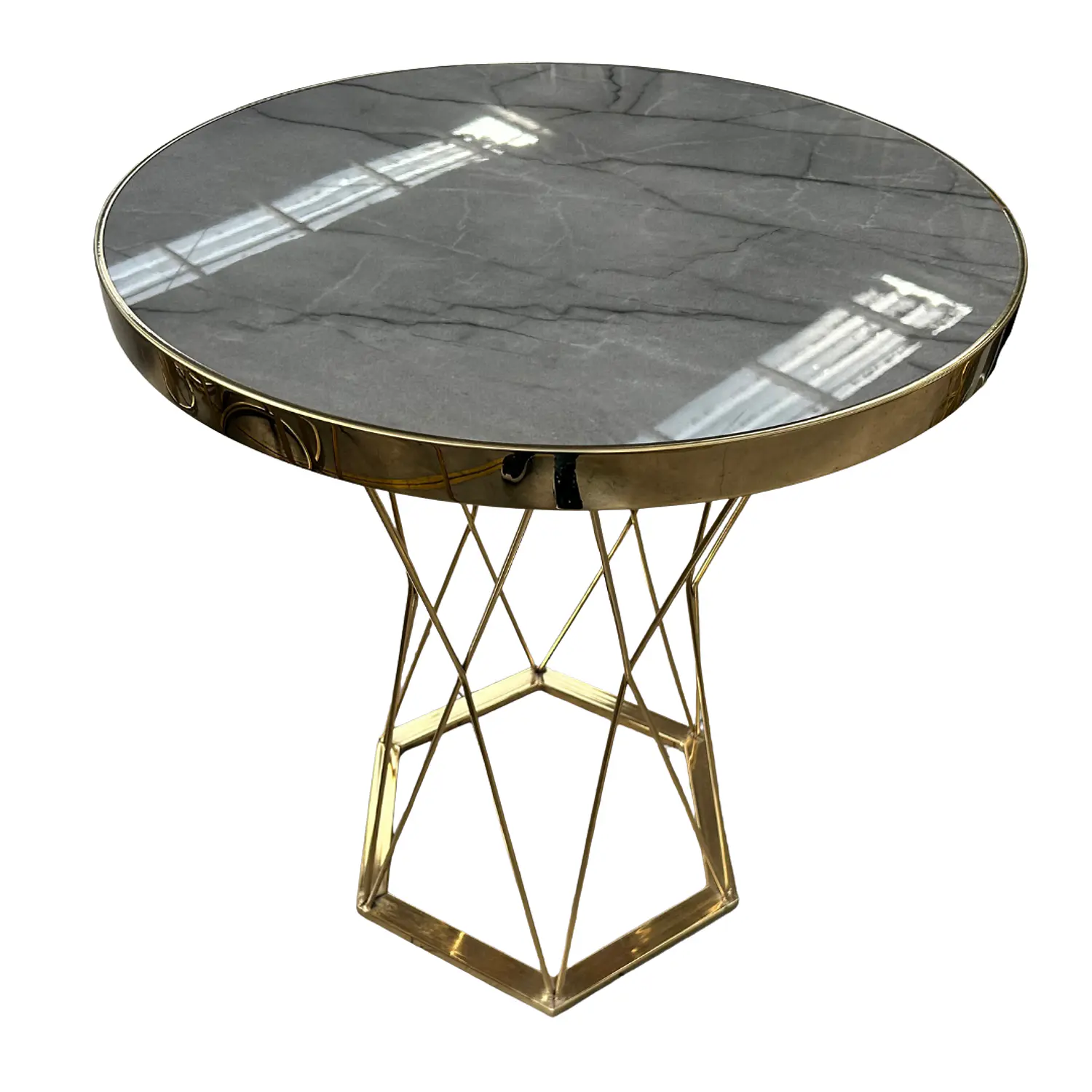 Mesa Lateral Efecto Mármol Gris Redonda con Base Dorada 2