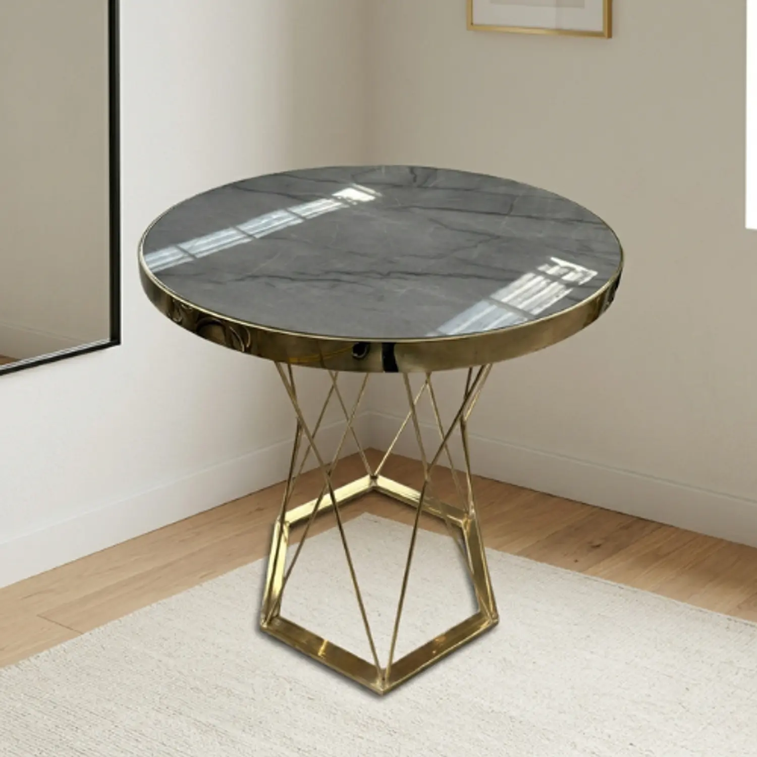 Mesa Lateral Efecto Mármol Gris Redonda con Base Dorada 3