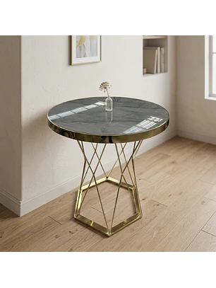Mesa Lateral Efecto Mármol Gris Redonda con Base Dorada