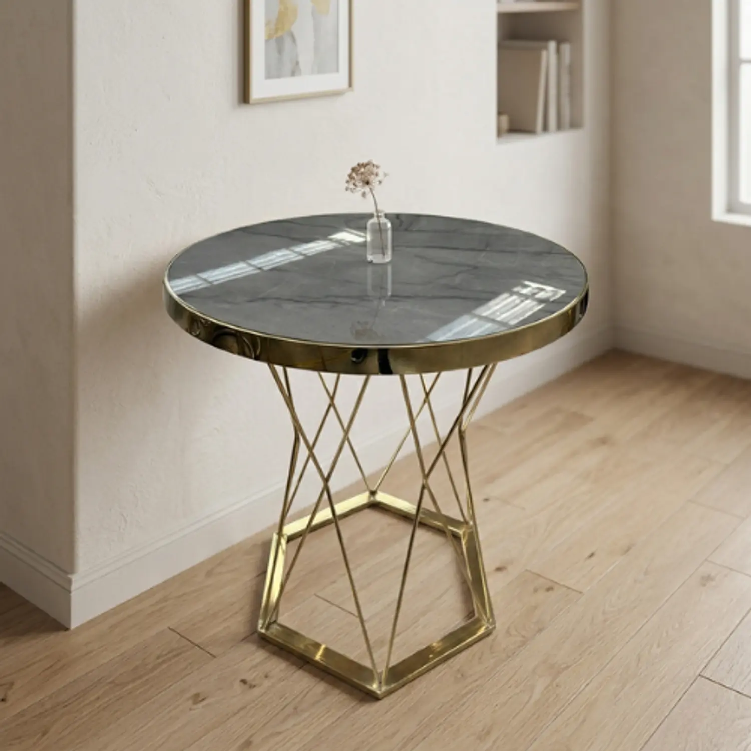 Mesa Lateral Efecto Mármol Gris Redonda con Base Dorada 1