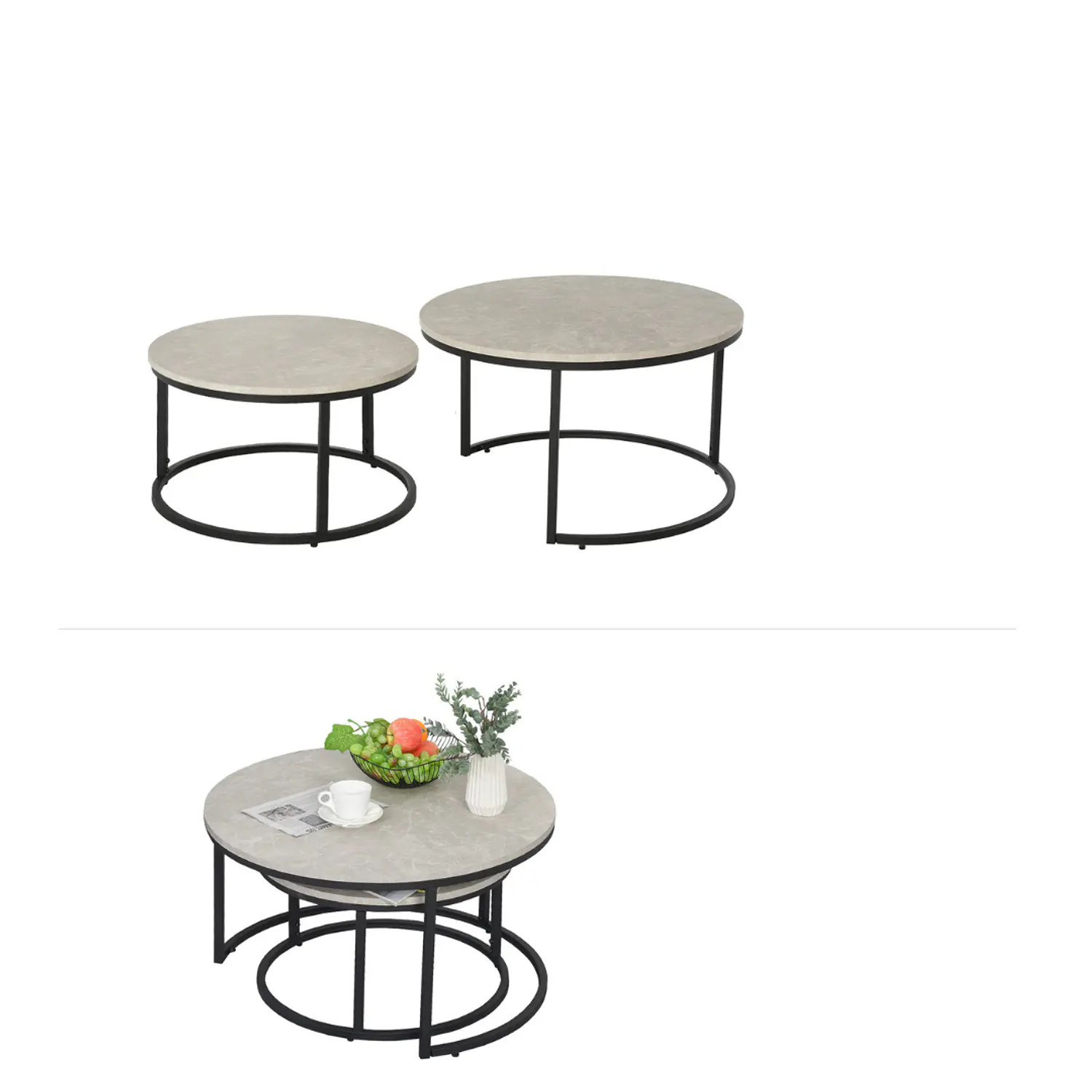 Mesa de Centro Doble Circular Efecto Mármol Gris con Base Negra 5