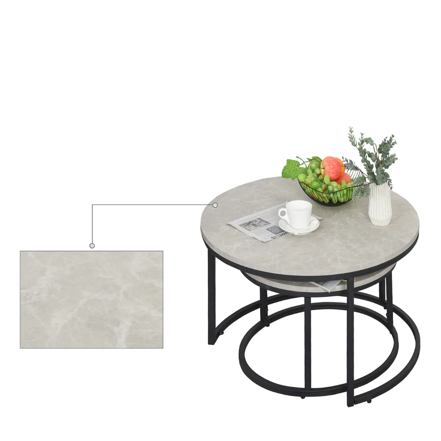 Mesa de Centro Doble Circular Efecto Mármol Gris con Base Negra 6