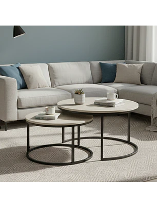 Mesa de Centro Doble Circular Efecto Mármol Gris con Base Negra