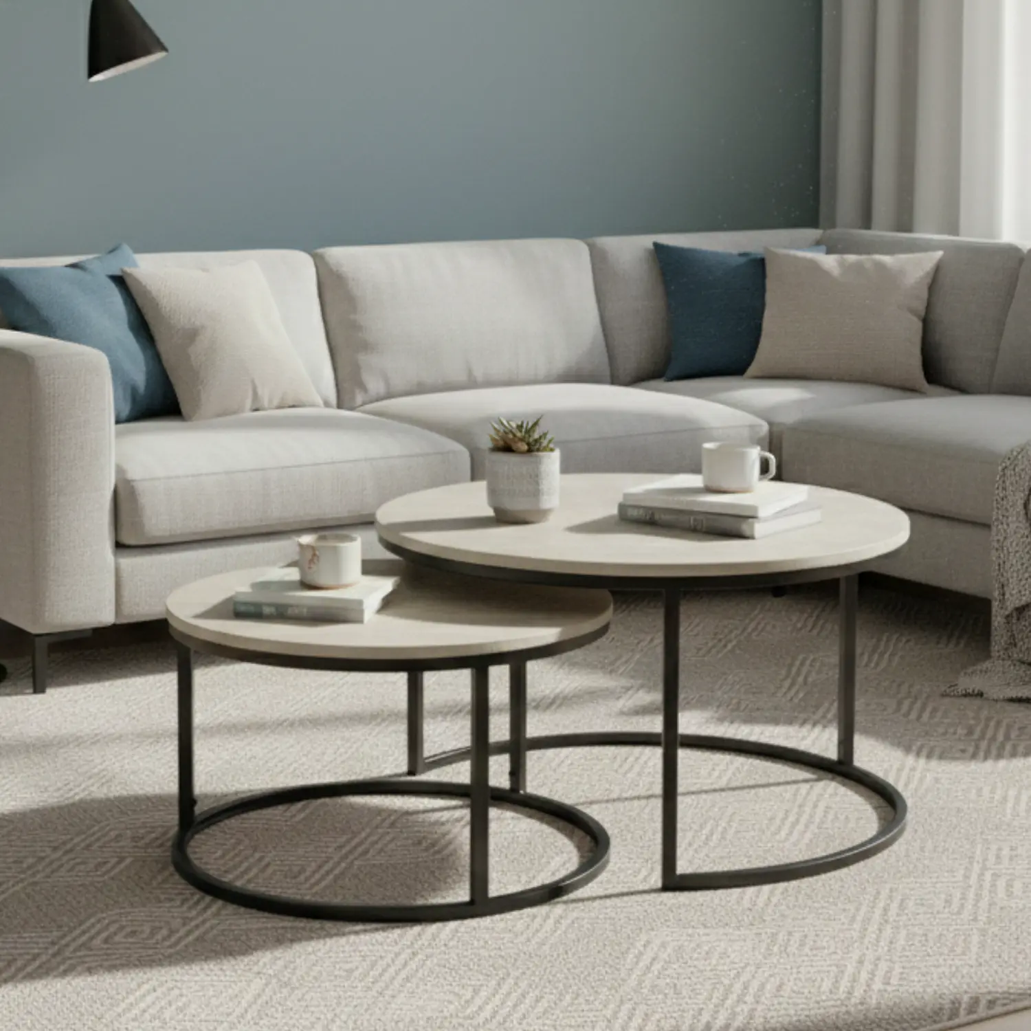 Mesa de Centro Doble Circular Efecto Mármol Gris con Base Negra 1