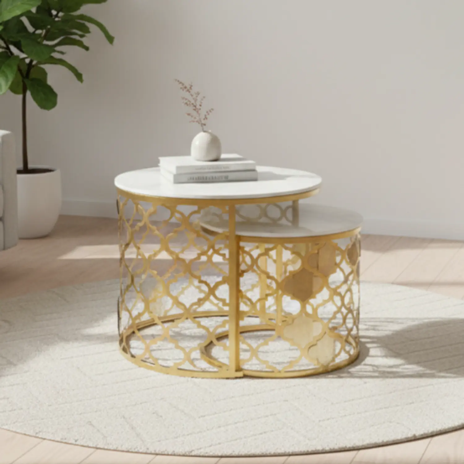 Mesa de Centro Doble Nido Dorada con Piedra Sinterizada 1