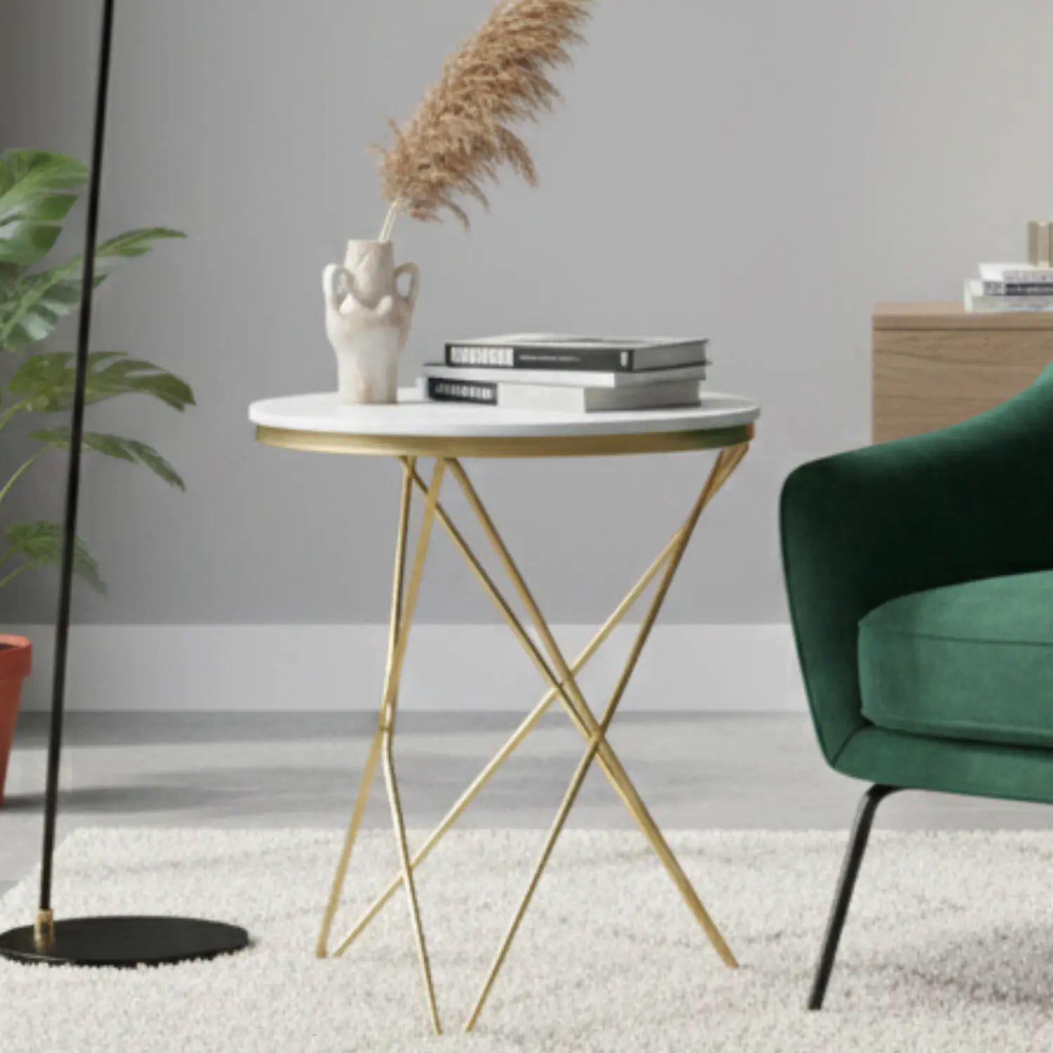 Mesa Auxiliar Redonda de Piedra Sinterizada Acabado Mármol y Dorado 2